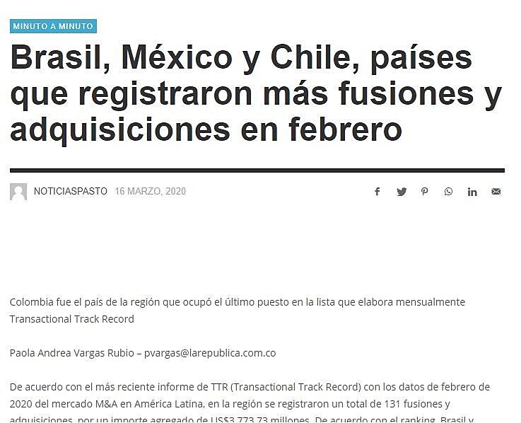 Brasil, Mxico y Chile, pases que registraron ms fusiones y adquisiciones en febrero